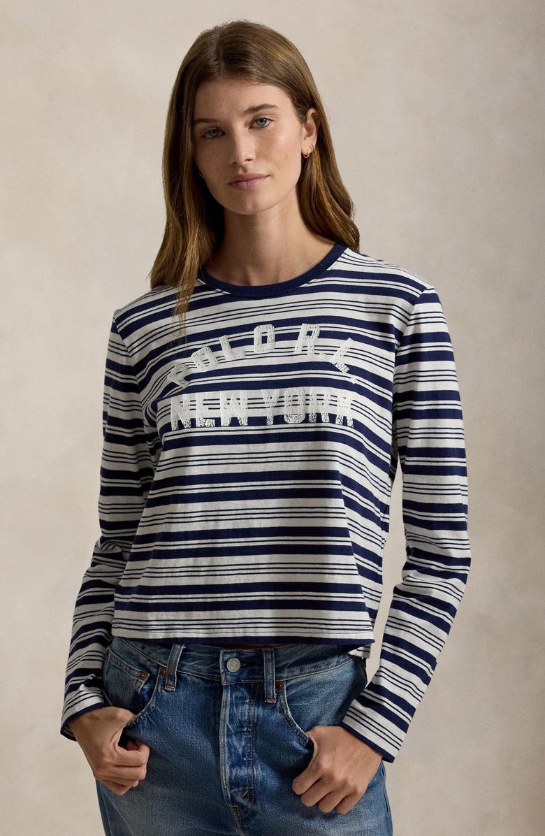 Polo Ralph Lauren Stripe Graphic Logo Cotton Jersey T-Shirt, Alternate, color, Newport Navy/ Nevis