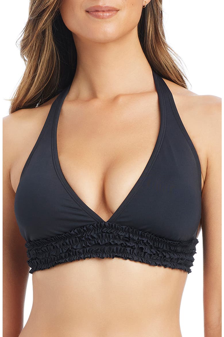 Ruffle Halter Bikini Top, Main, color, BLACK