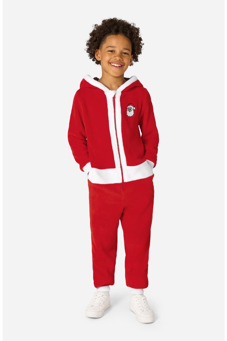 Kids' Merry Jinglejoy Santa Hooded Fleece Jumpsuit, Main, color, RED