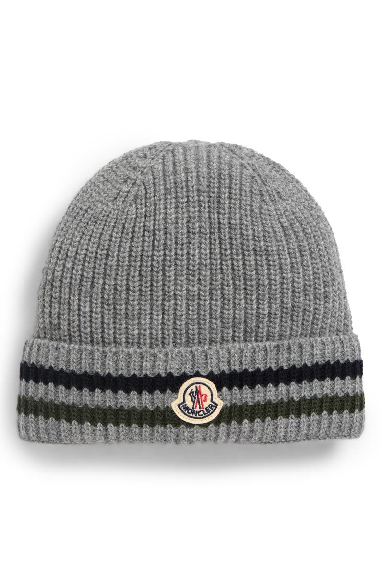 Moncler Kids' Logo Patch Stripe Virgin Wool Beanie, Main, color, Grey