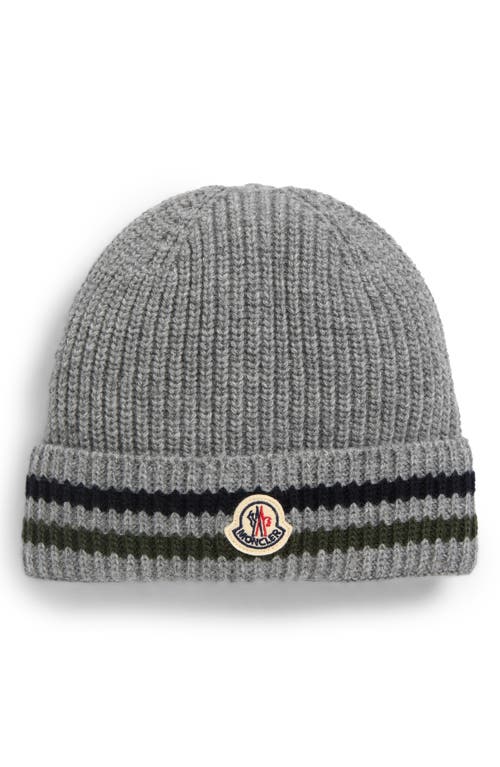 Moncler Kids' Logo Patch Stripe Virgin Wool Beanie In Gray