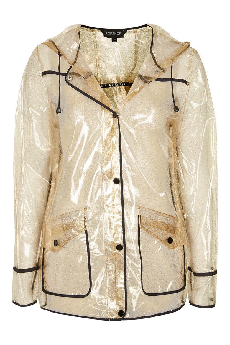 Gold Glitter Transparent Plastic Rain Jacket, Alternate, color, GOLD