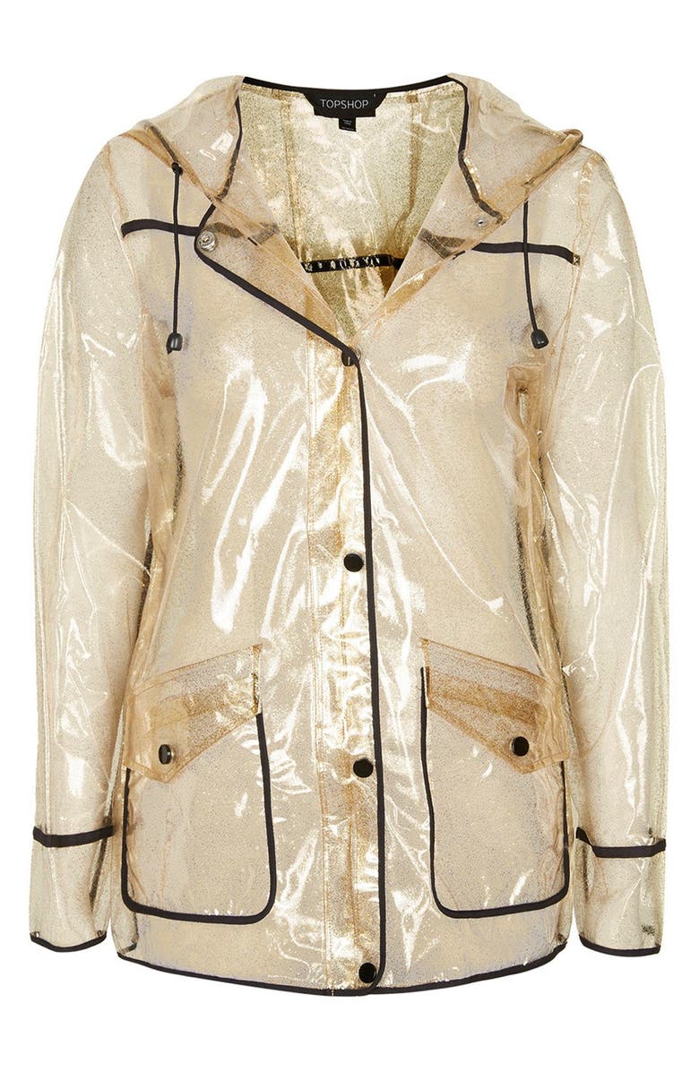 Topshop Gold Glitter Transparent Plastic Rain Jacket, Alternate, color,