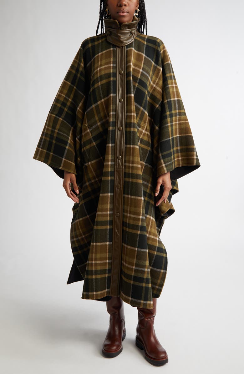 Chloé Check Double Face Wool & Leather Long Cape Coat, Main, color, 