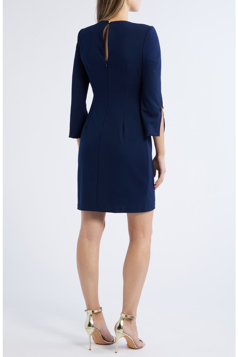 Brooch Detail Long Sleeve Crepe Shift Dress, Alternate, color, NAVY