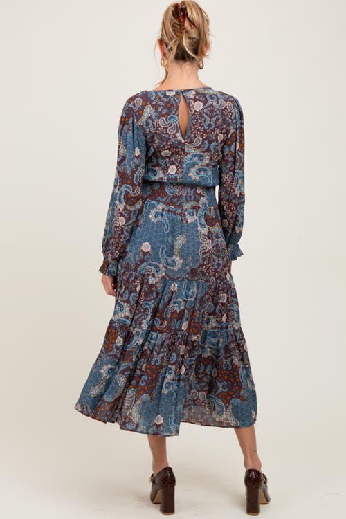 Pinkblush Paisley Print Smocked Waist Tiered Midi Dress In Blue