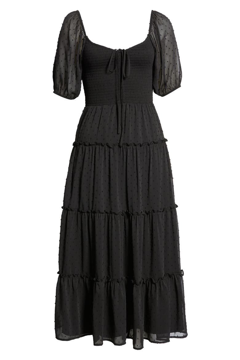 Tiered Smocked Midi Dress, Alternate, color, BLACK