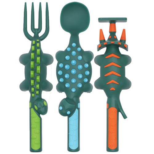 Constructive Eating Set Of 3 Dino Eating Utensils For Kids And Toddlers In Green