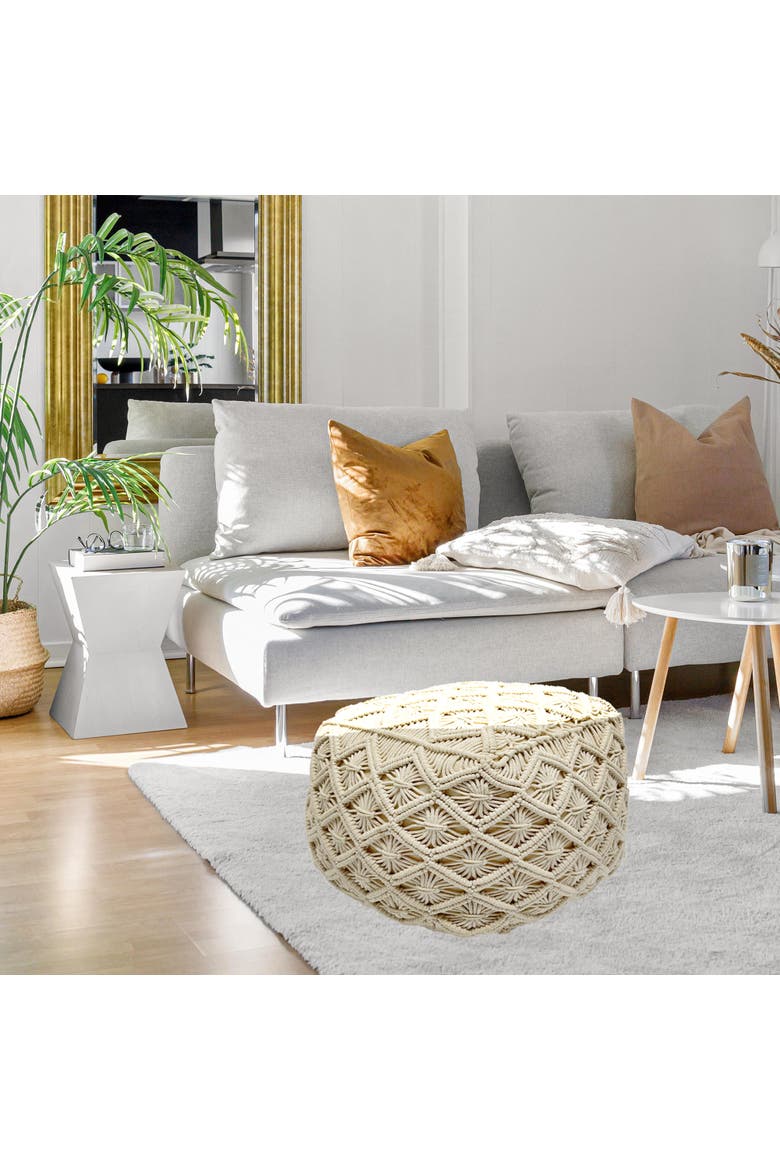 18" Beige Handmade Macrame Natural Cotton Square Pouf Ottoman, Alternate, color, Ivory