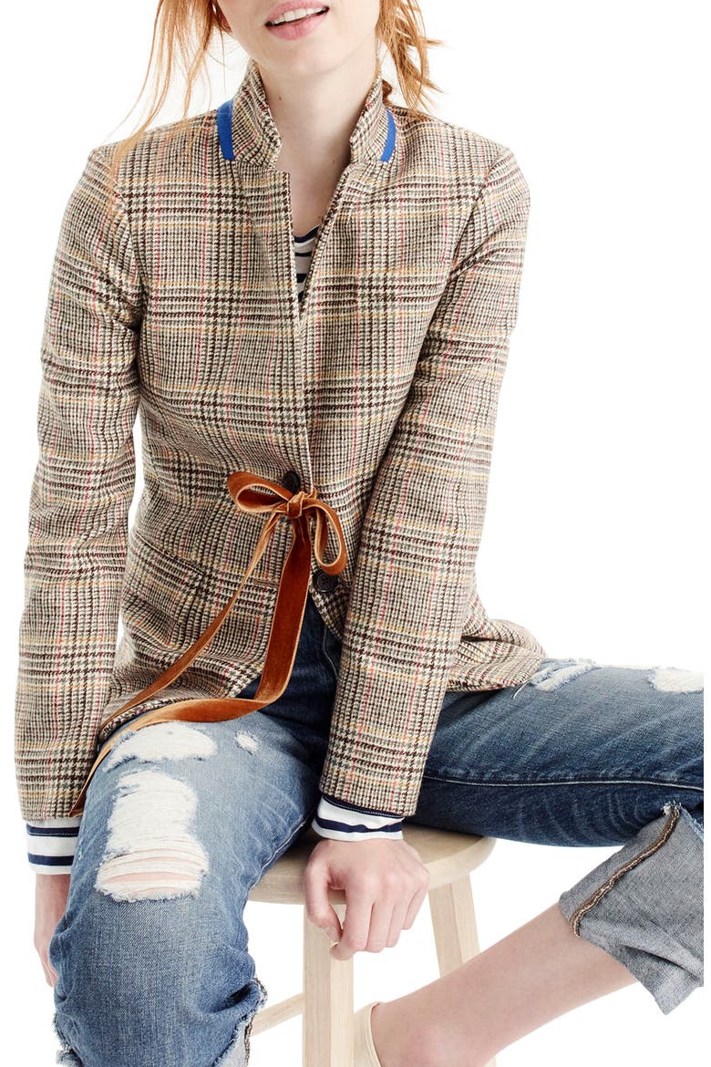 Plaid Regent Blazer with Velvet Tie, Main, color, OLIVE MUSTARD RED