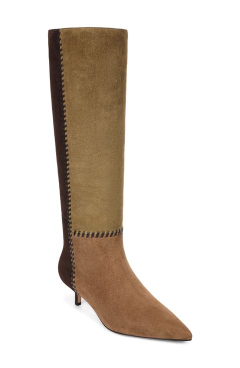 Lisa Whipstitch Pointed Toe Kitten Heel Knee High Boot
