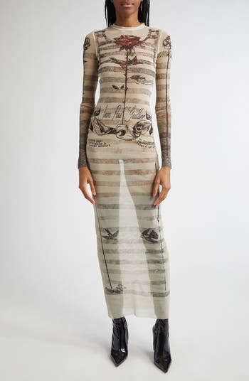 ワンピース JeanPaul GAULTIER MESH TATOO MARINIER LONG DRESS Jean Paul Gaultier Tattoo Marinière Long Sleeve Mesh Dress