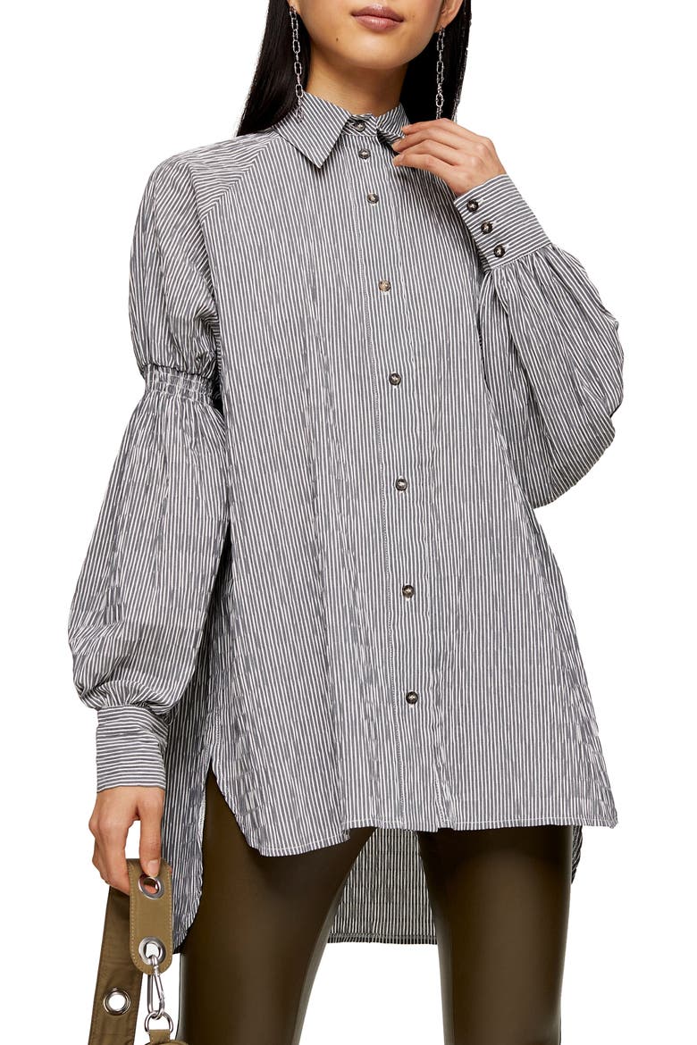 Oversize Stripe Texture Button-Up Shirt, Main, color, BLACK