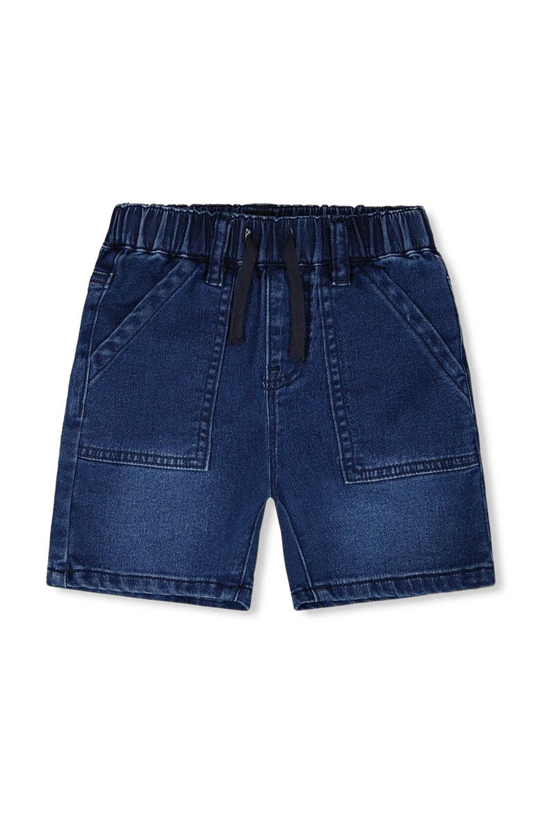 French Terry Elastic Waist Drawstring Denim Shorts, Main, color, Navy Blue Denim