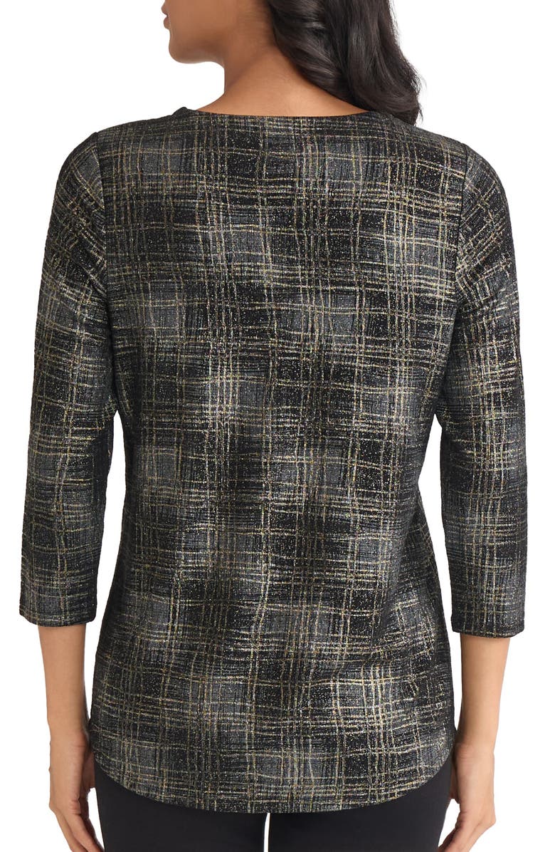 Jones New York Plaid Metallic V-Neck Top, Alternate, color, Jones Black Multi