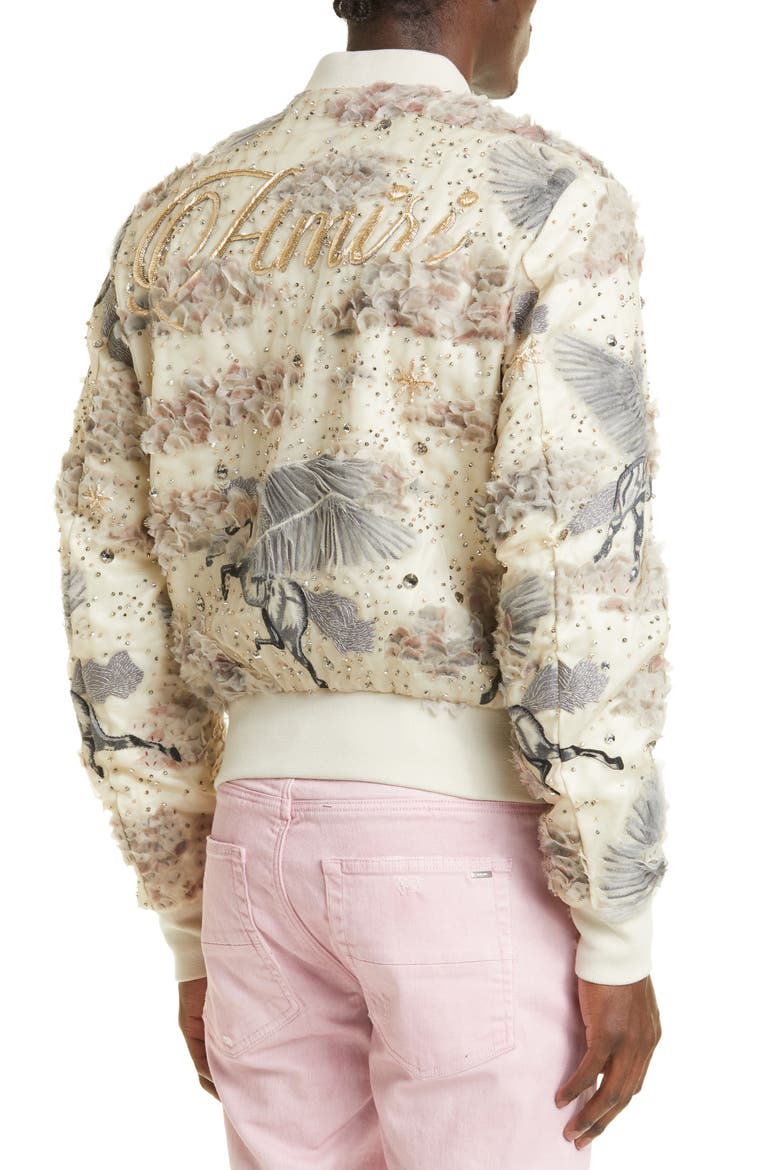 Embellished Pegasus Logo Silk Organza Shrunken Bomber Jacket, Alternate, color, LIGHT TAN