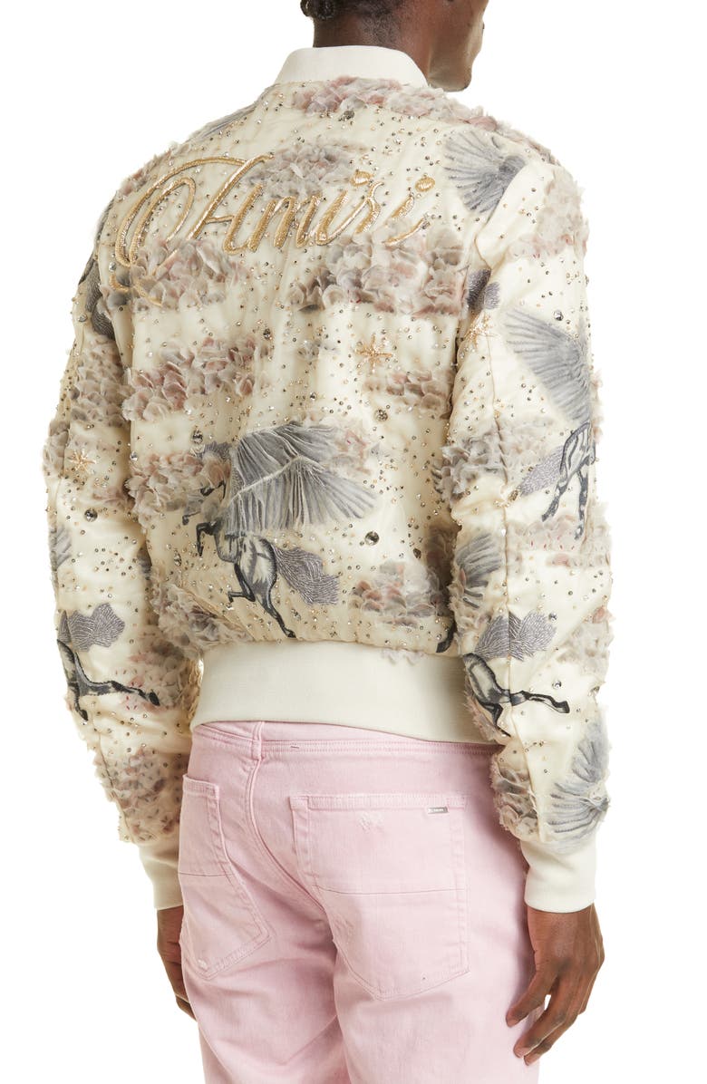 AMIRI Embellished Pegasus Logo Silk Organza Shrunken Bomber Jacket, Alternate, color,