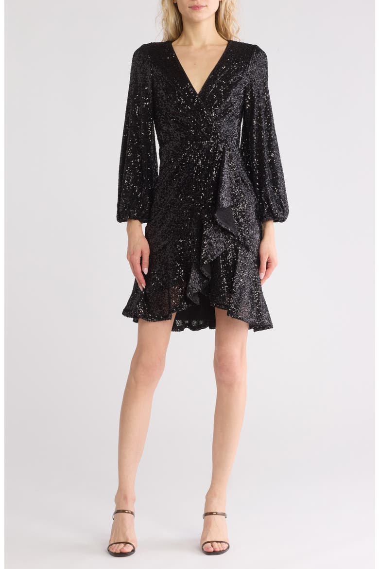 Ruffle Long Sleeve Dress, Main, color, BLACK