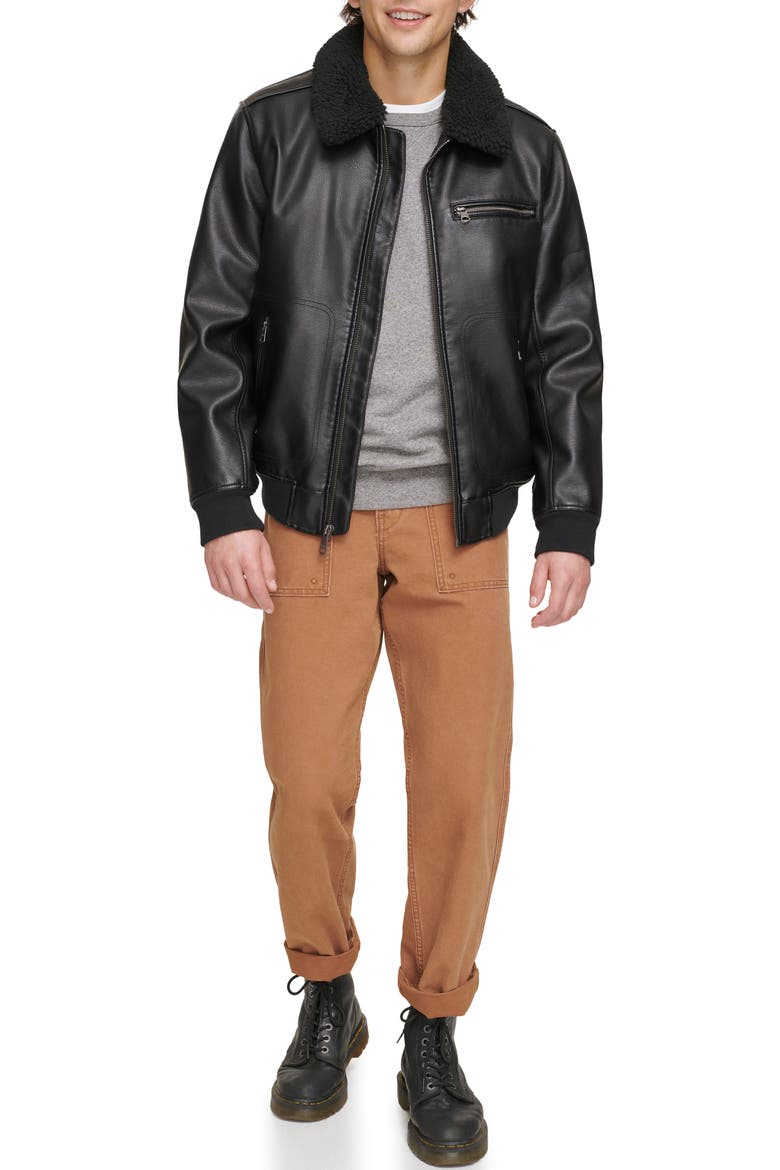 Faux Leather & Faux Shearling Bomber Jacket, Alternate, color, BLACK