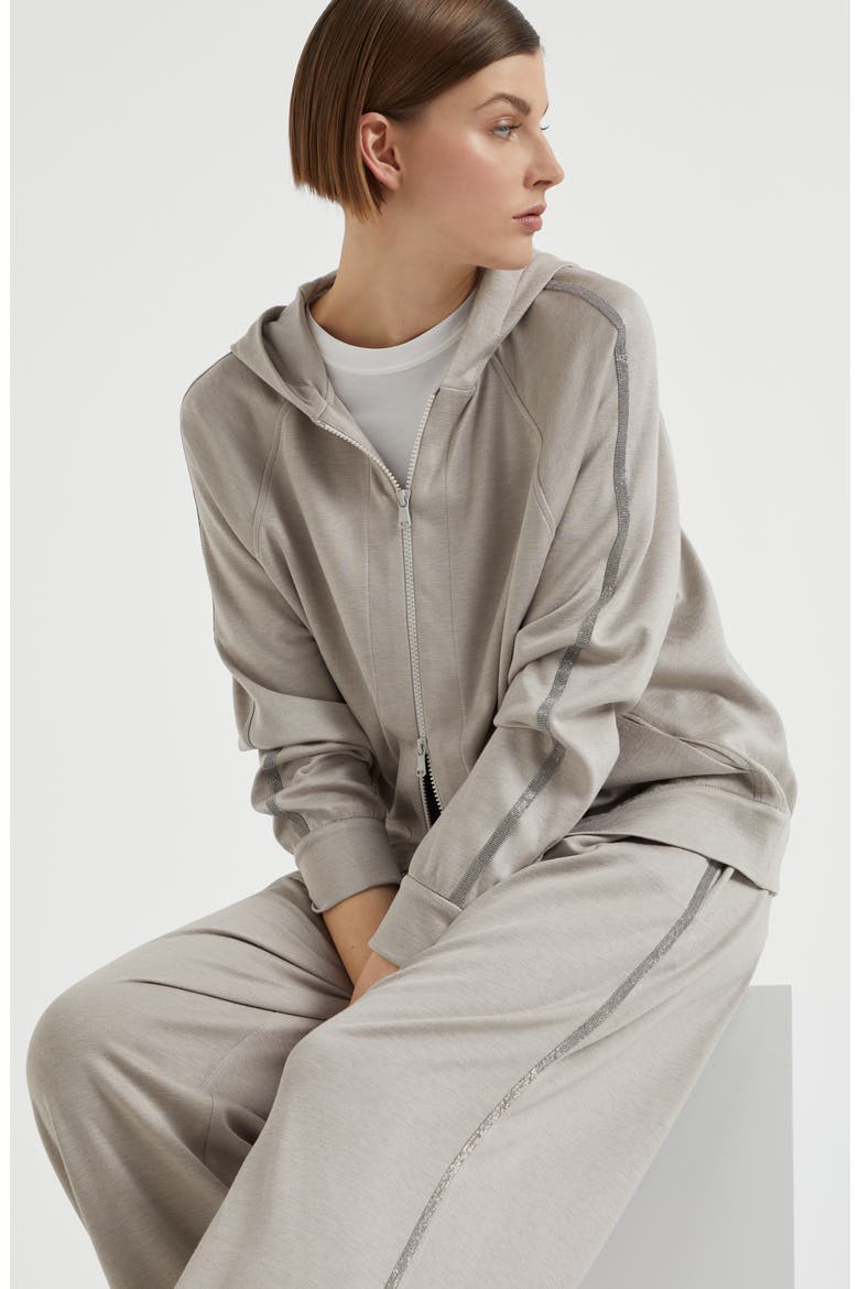 Cotton and silk interlock hooded sweatshirt with precious stripe, Alternate, color, Light Grey