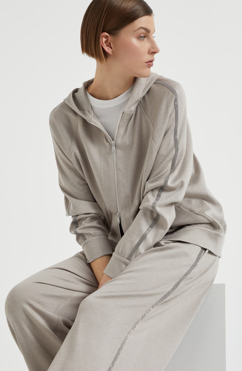 Brunello Cucinelli Cotton and silk interlock hooded sweatshirt with precious stripe, Alternate, color, 