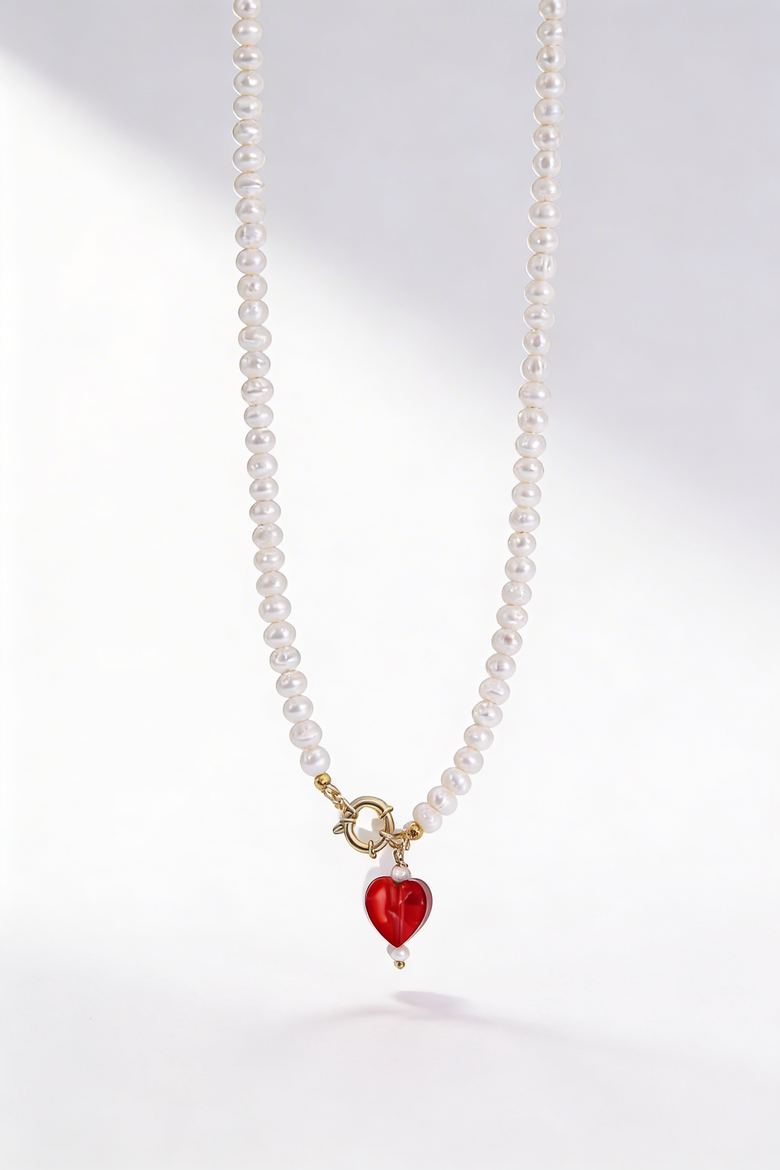 Kokoro Red Heart Freshwater Pearl Necklace, Alternate, color, Red and Gold