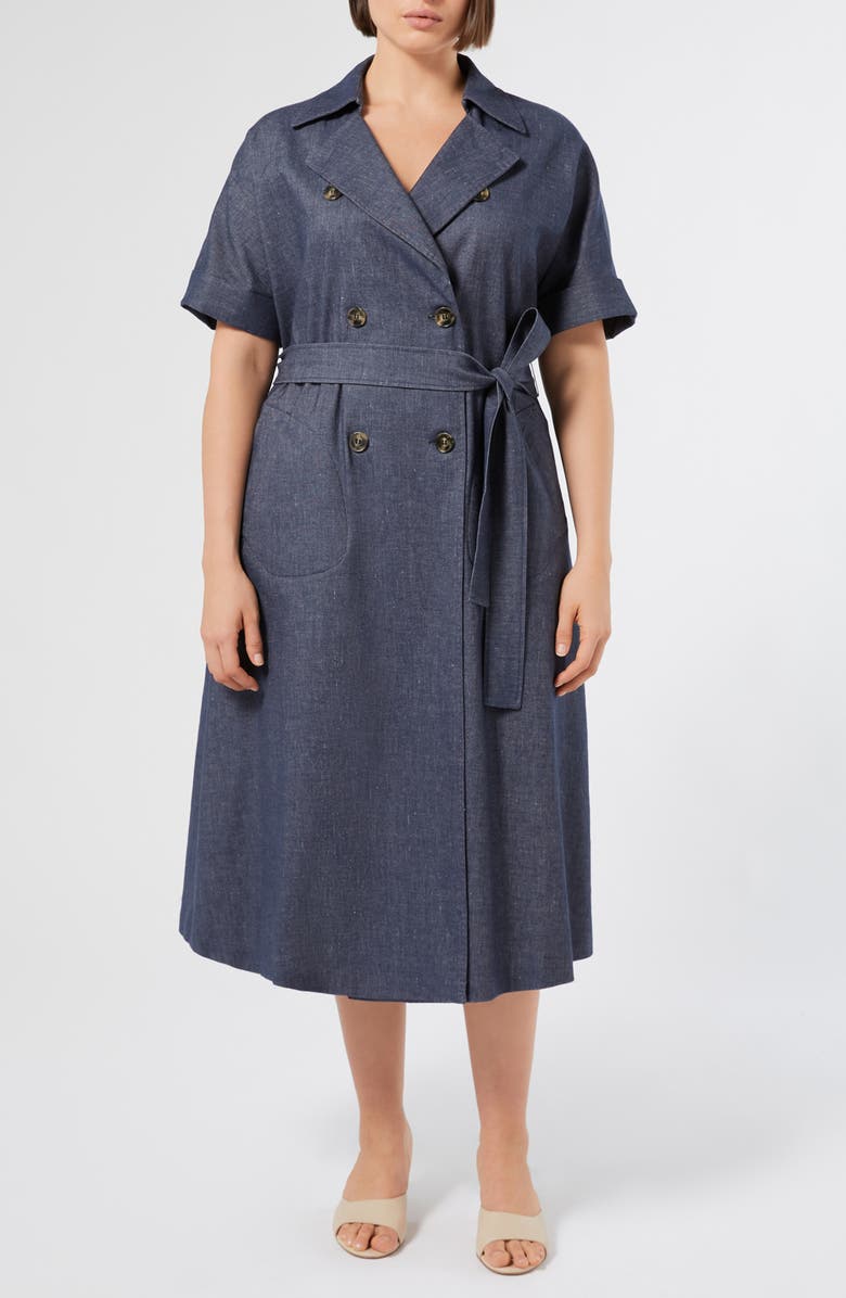 Marina Rinaldi Favilla Double Breasted Cotton & Linen Shirtdress, Main, color, Blue Jeans