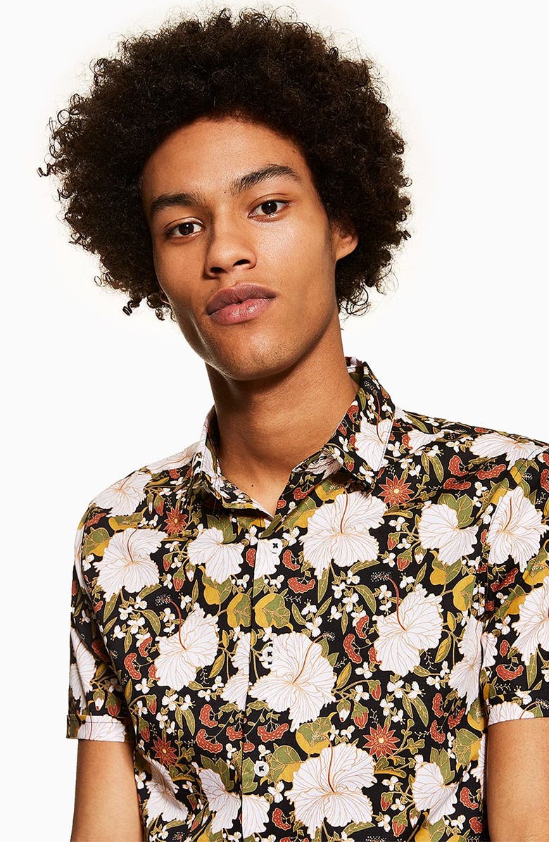 Topman Stretch Skinny Fit Floral Shirt, Alternate, color, 