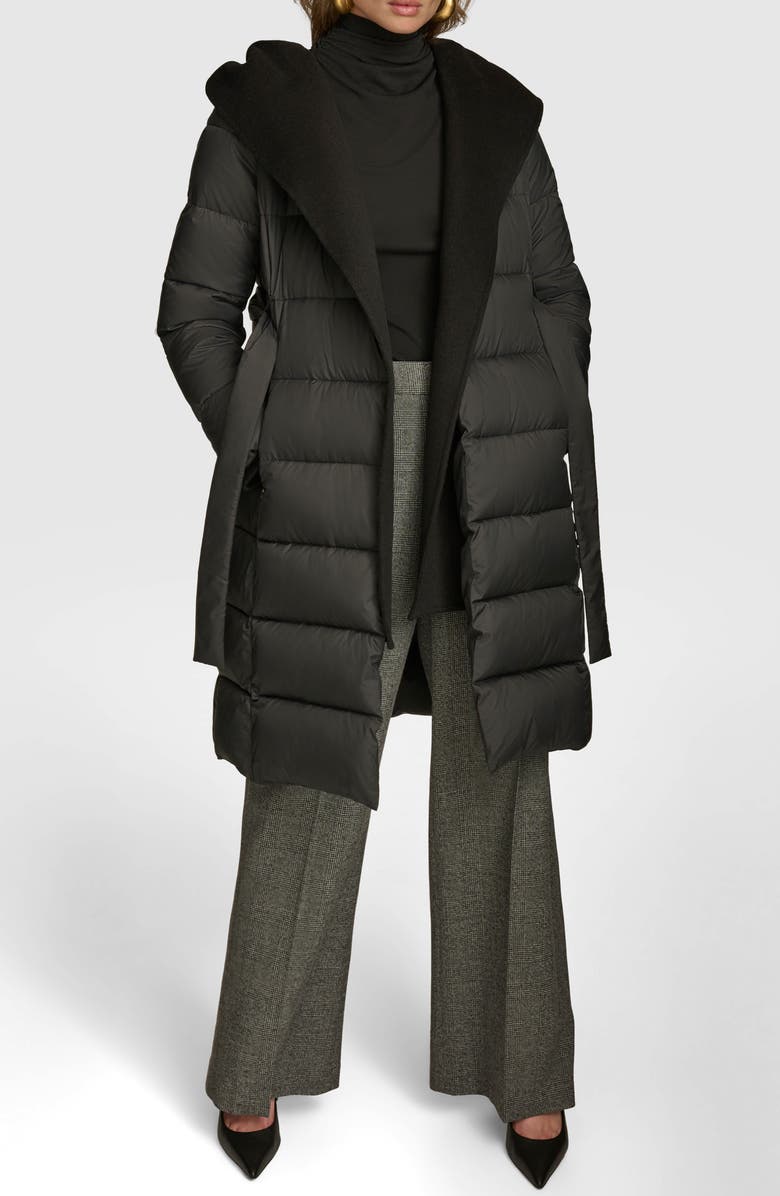 Donna Karan New York Water Resistant Mixed Media Hooded Puffer Coat, Alternate, color, Black