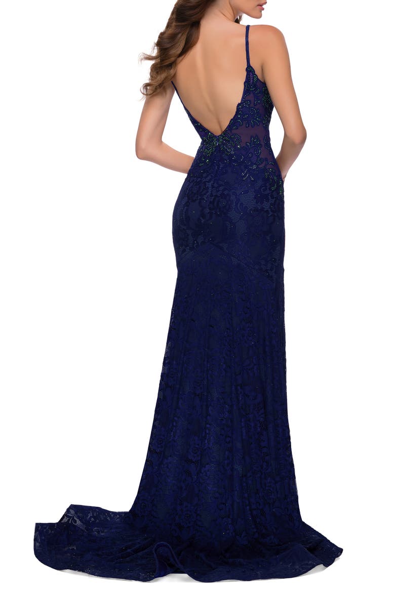 Chic Long Stretch Lace Gown with Sheer Rhinestone Back, Alternate, color, NAVY