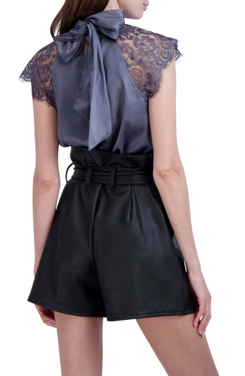 Ookie & Lala Tie Back Mock Neck Lace Sleeve Satin Blouse In Charcoal
