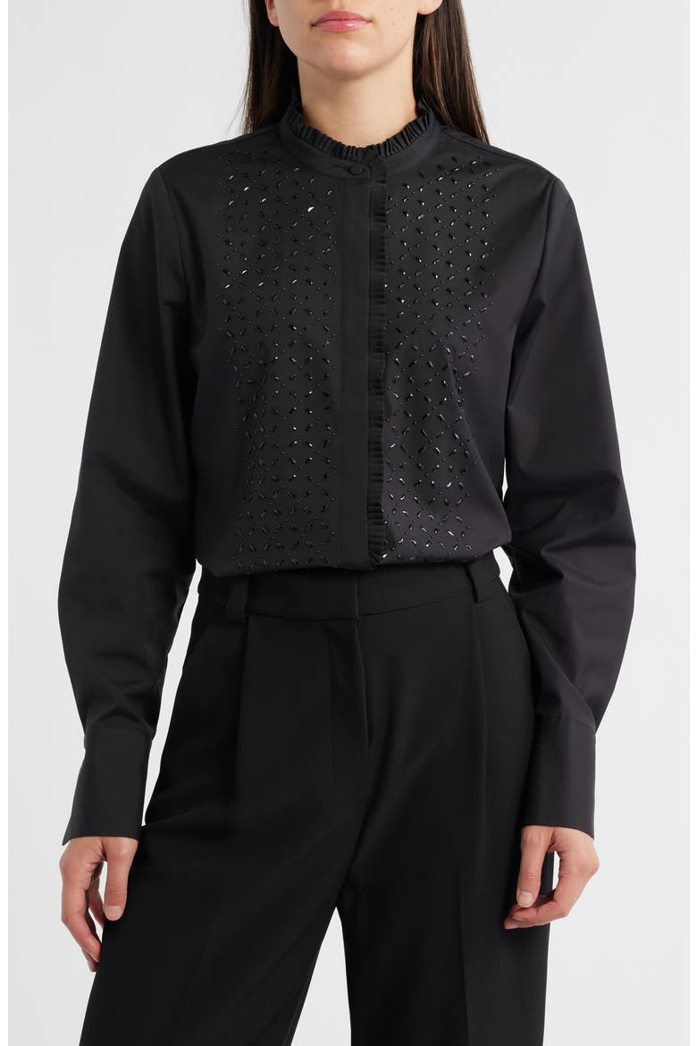 Mick Rhinestone Ruffle Cotton Blend Button-Up Shirt, Main, color, BLACK