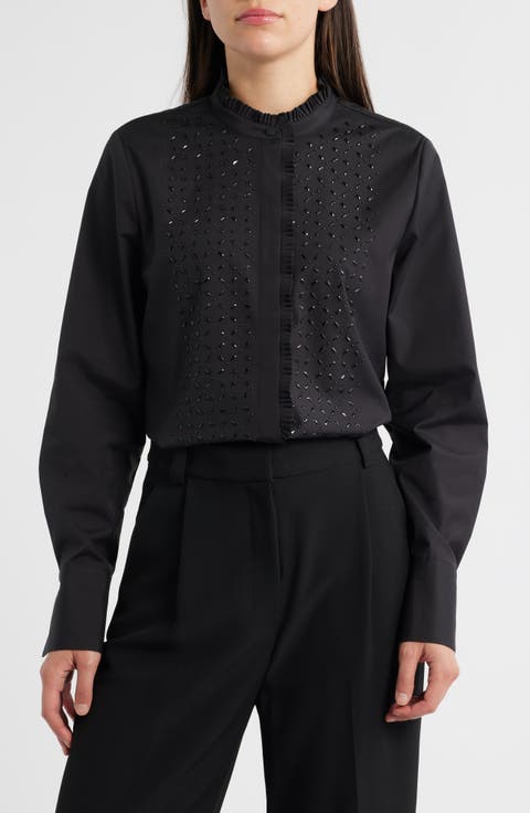 Mick Rhinestone Ruffle Cotton Blend Button-Up Shirt