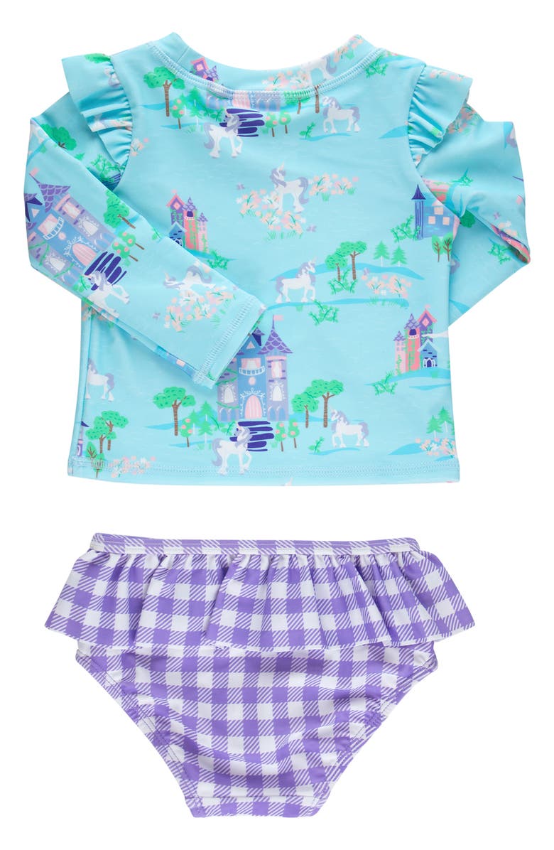 RuffleButts Kids' Blue Once Upon A Castle Long Sleeve Two-Piece Rashguard Swimsuit, Alternate, color, Blue