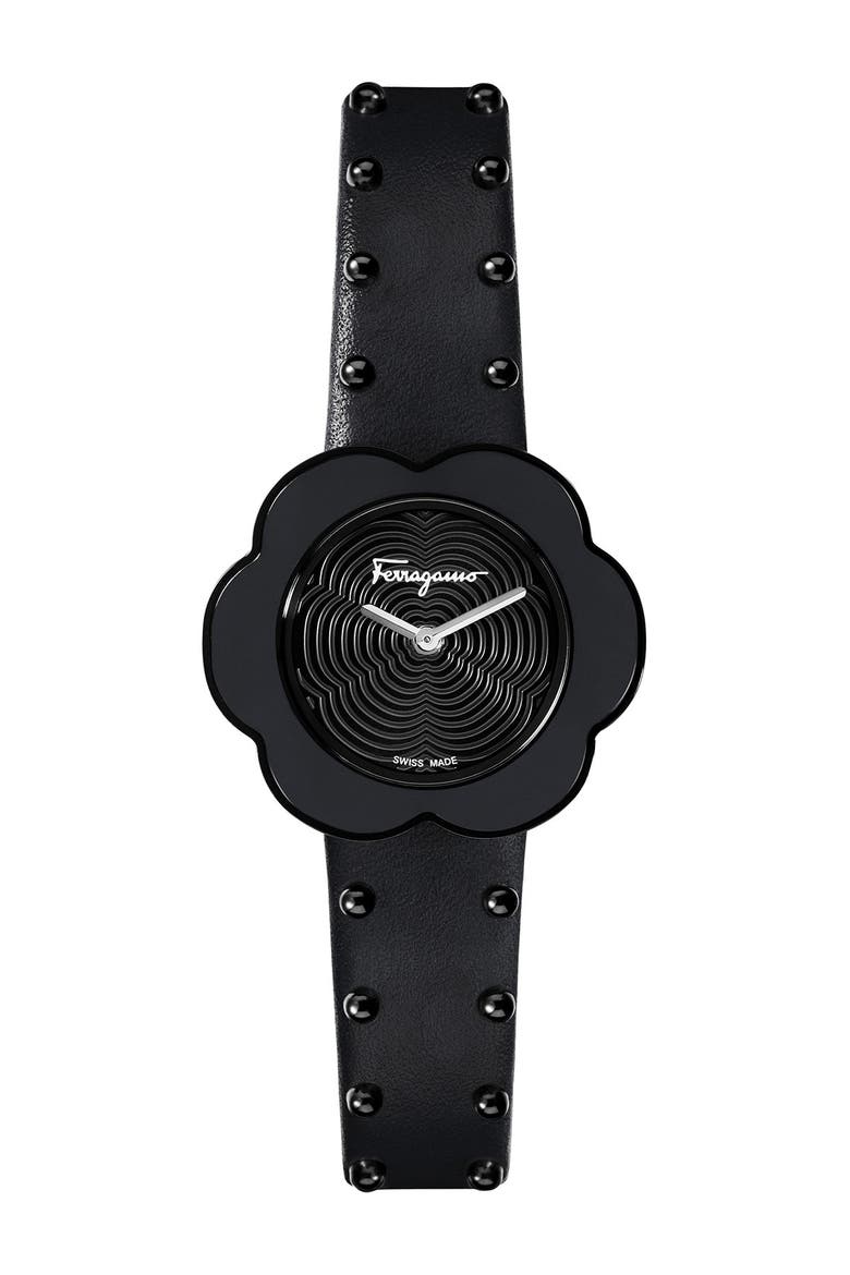 Women's Fiore Calfskin Leather Strap Watch, 30mm, Main, color, BLACK