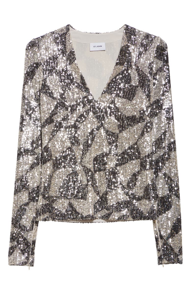 ST. JOHN Cubist Geometric Sequin Top, Alternate, color, Ecru/ Black Multi