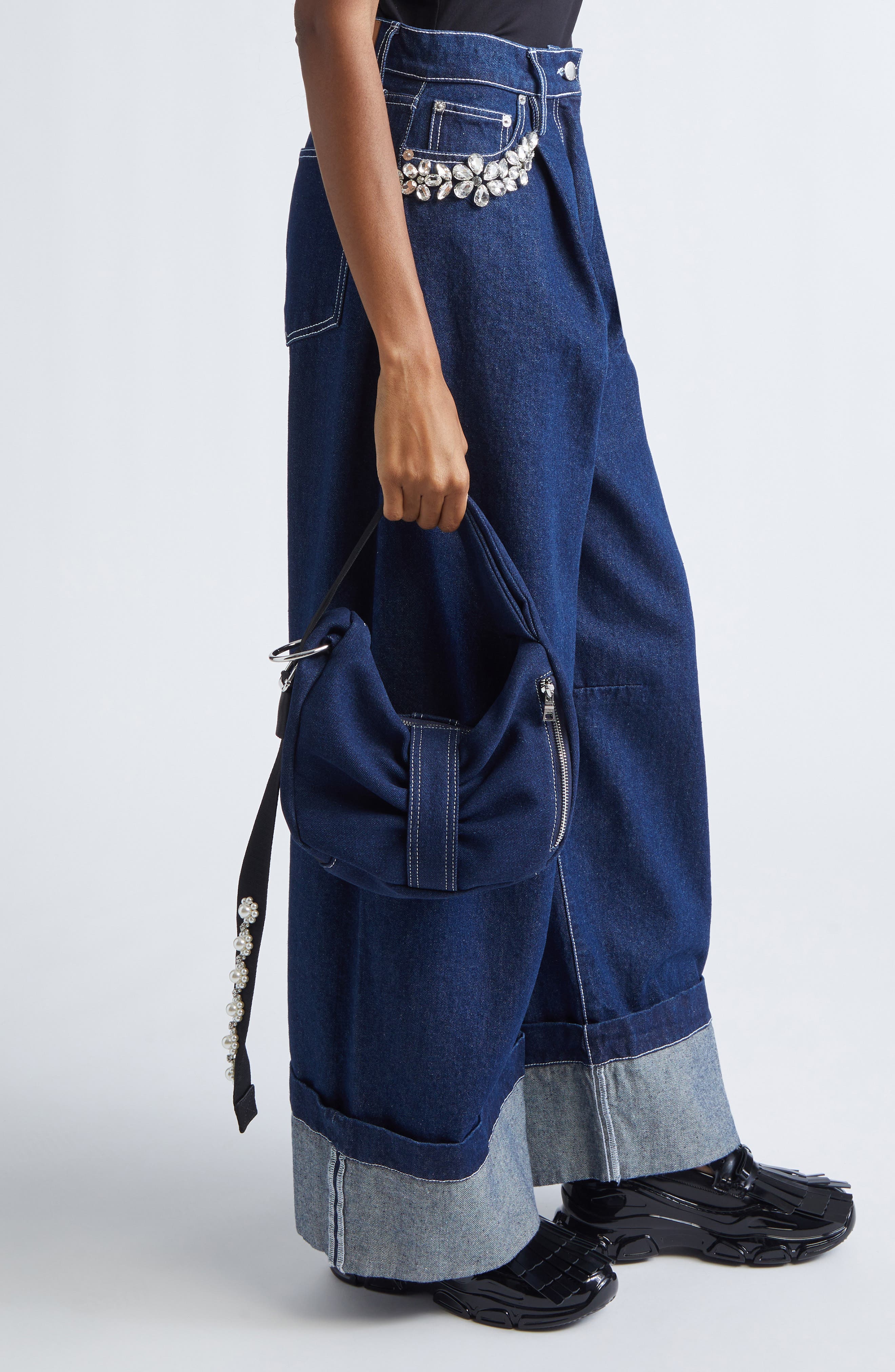 Mini Bow Sateen Sling Bag, Alternate, color, INDIGO/ PEARL/ CLEAR