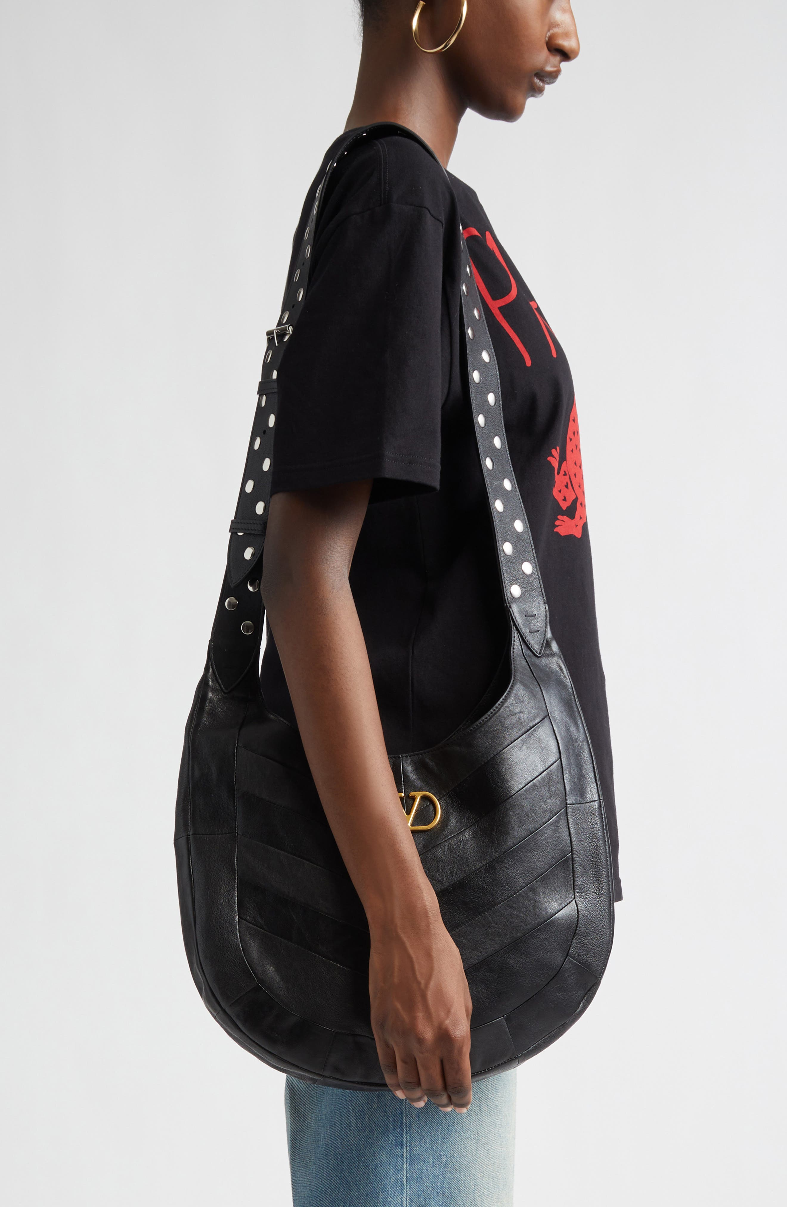 Valentino Garavani Small Hoboho Patchwork Leather Hobo Bag, Alternate, color, Black