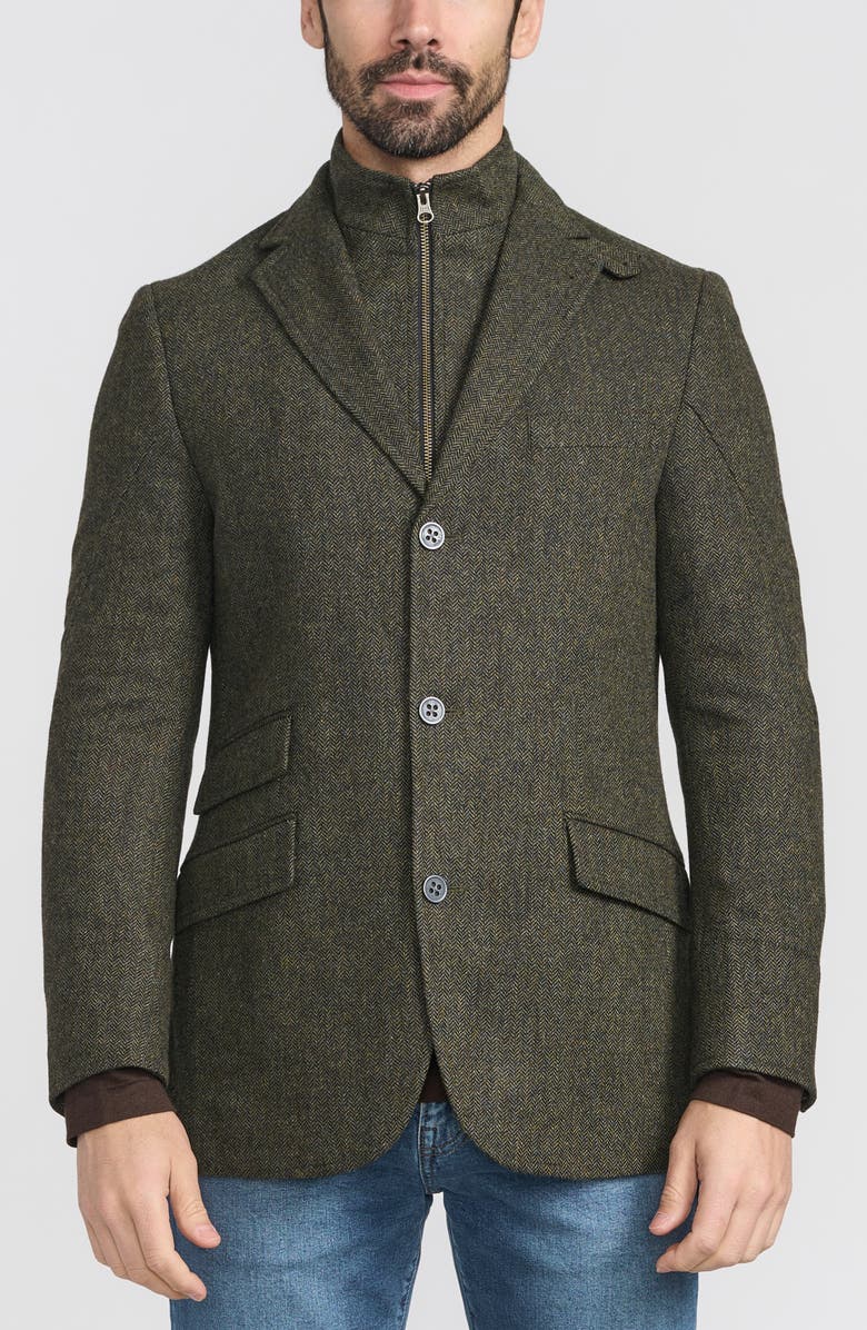 FLYNT Olive Herringbone Wool & Cashmere Hybrid Sport Coat with Removable Bib, Main, color, Olive