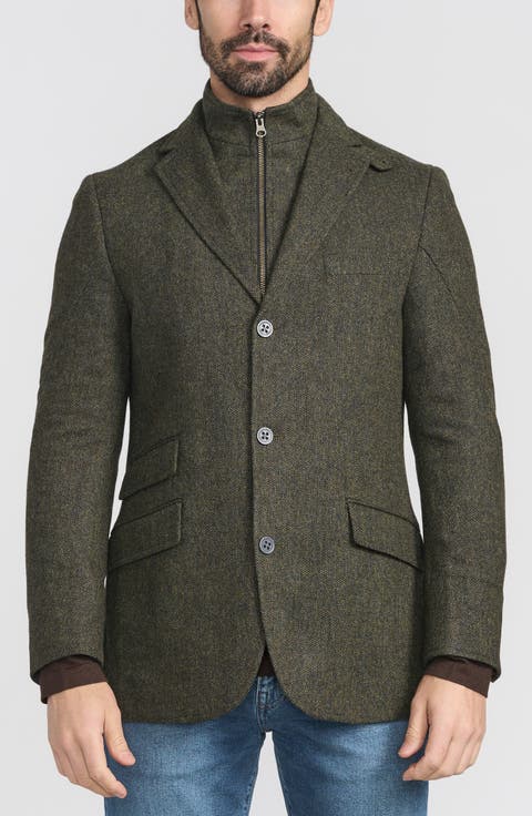 Olive Herringbone Wool & Cashmere Hybrid Sport Coat with Removable Bib