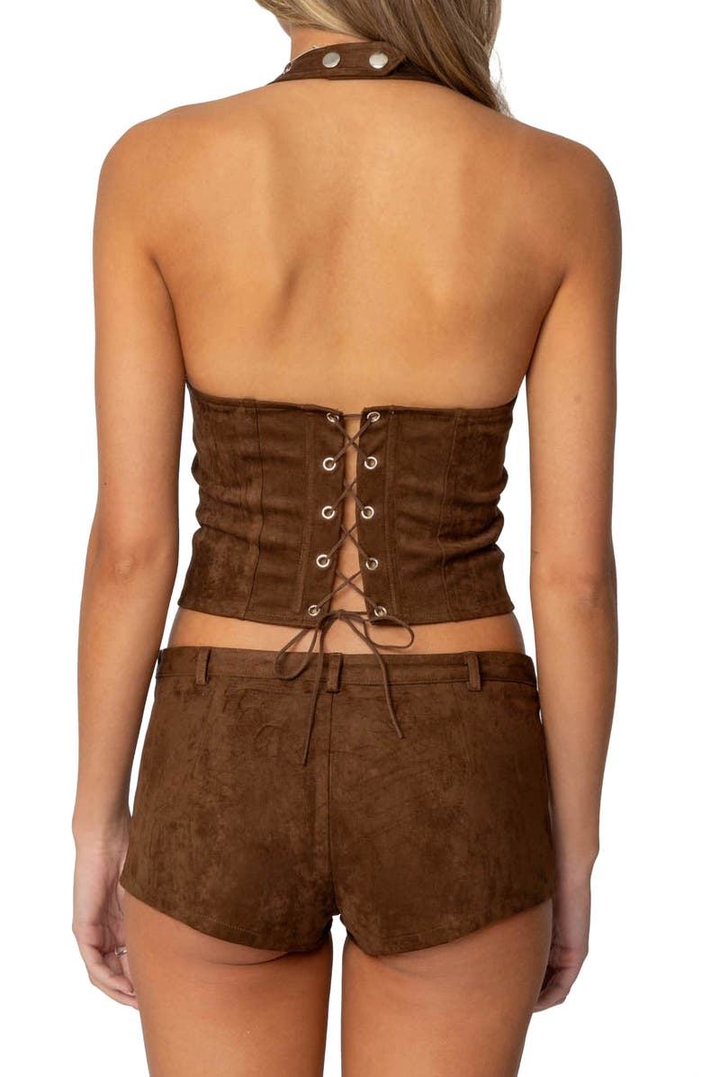 EDIKTED Sloane Faux Suede Halter Top, Alternate, color, Brown