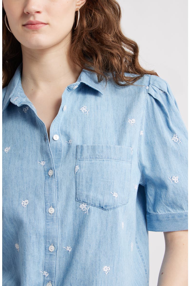 Embroidered Short Sleeve Chambray Button-Up Shirt, Alternate, color, LIGHT WASH