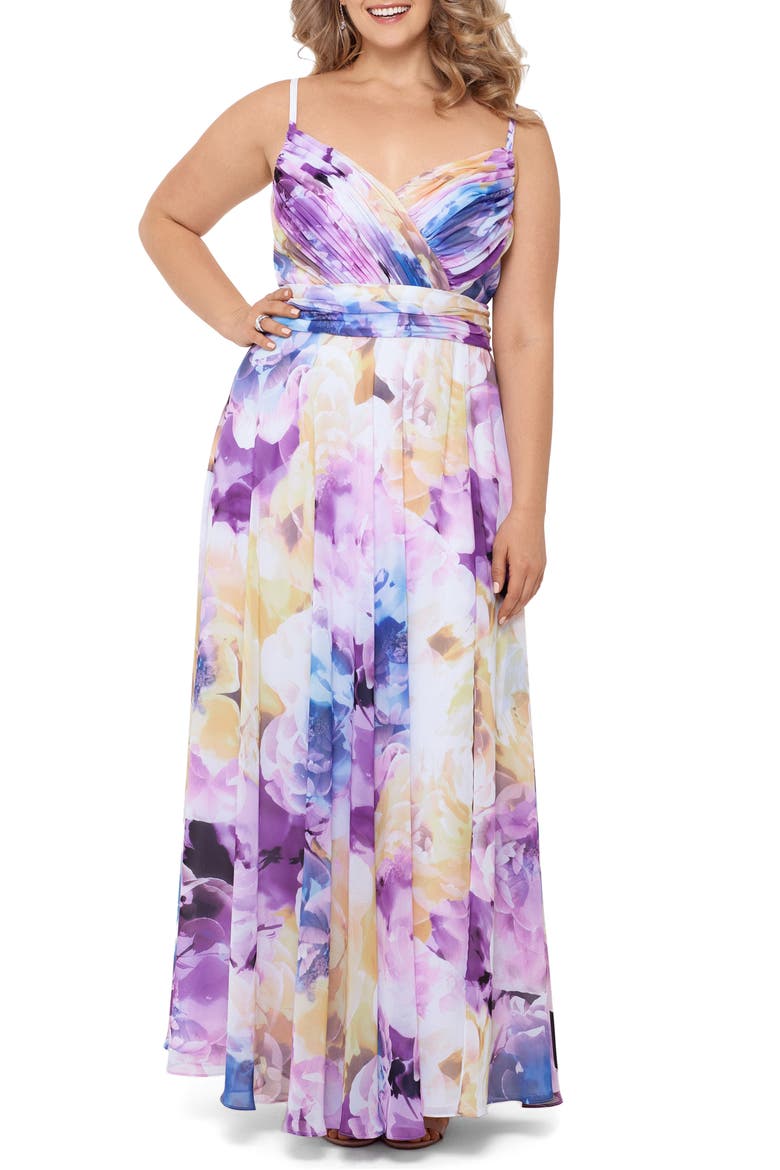 Xscape Pleated Floral Chiffon A-Line Gown, Main, color, YELLOW MULTI