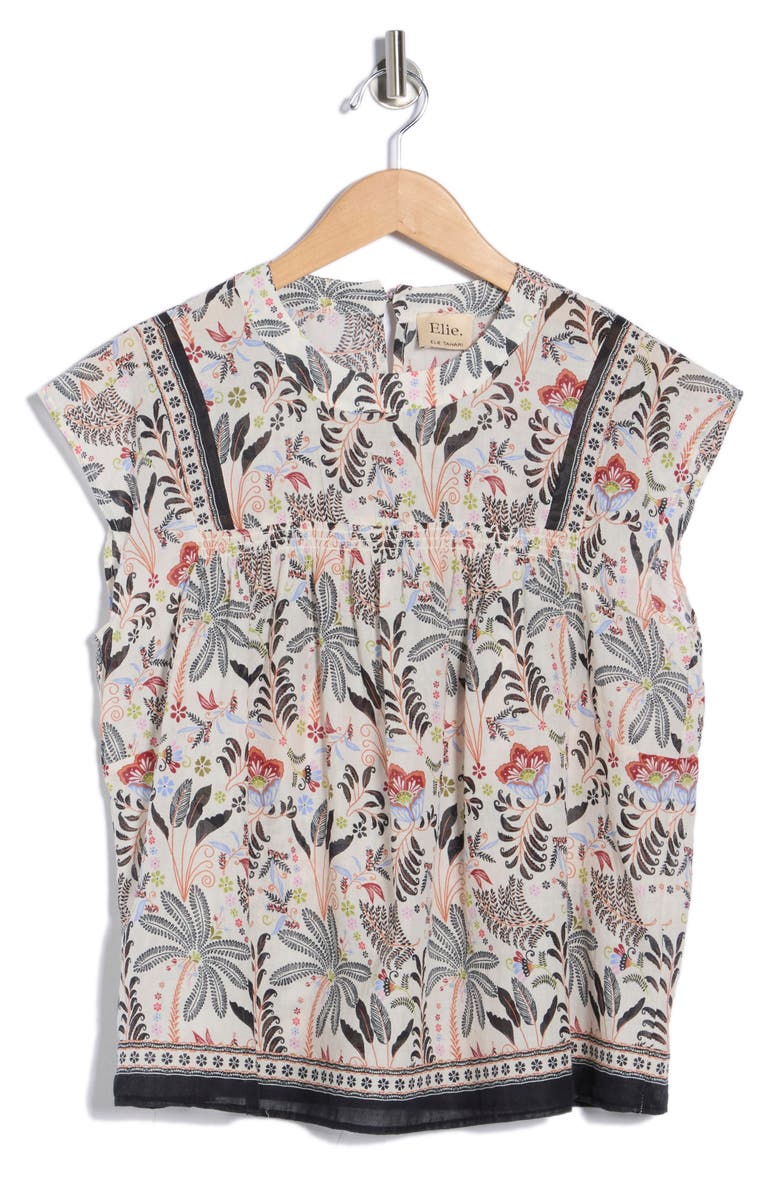 ELIE ELIE TAHARI Floral Smocked Cotton Top, Alternate, color, Ivory Ground Multi Palm