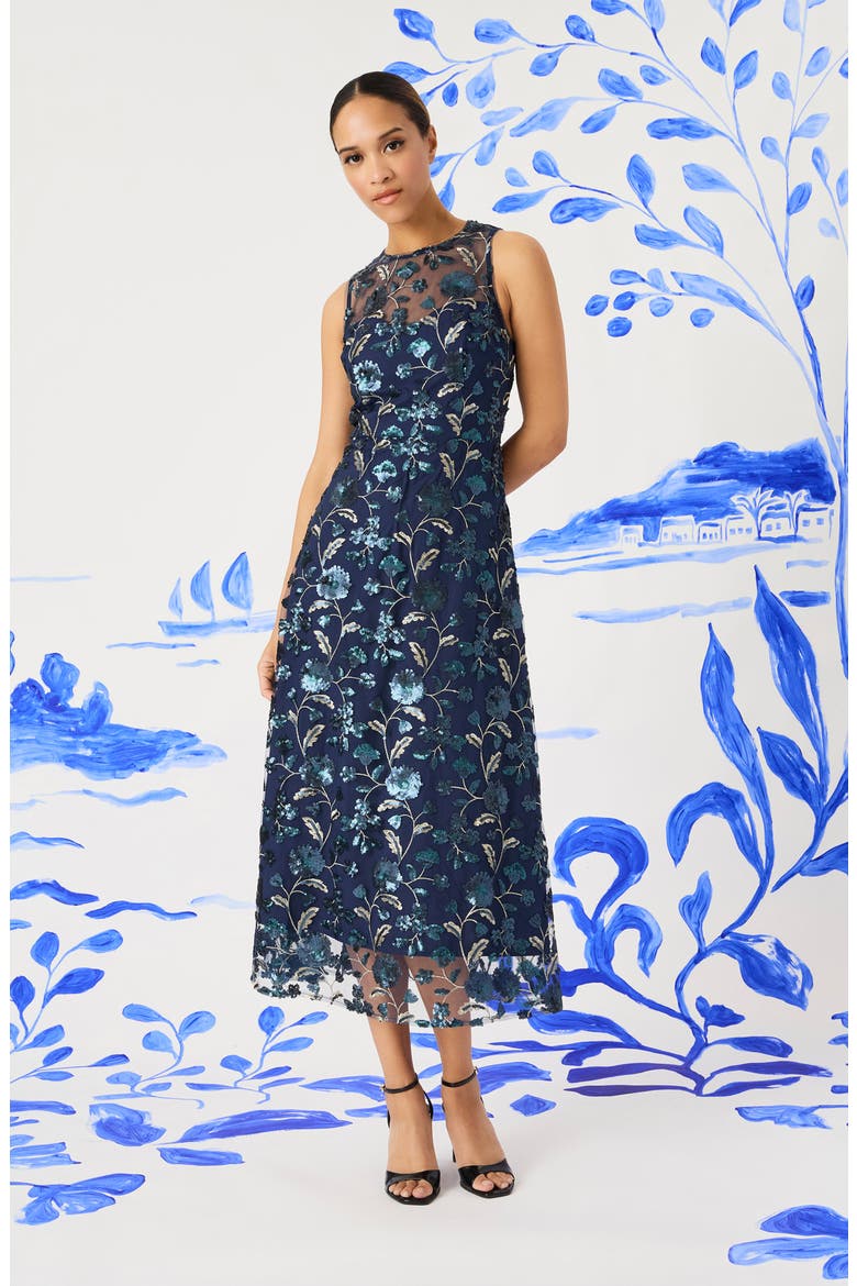 Sequin & Bead Illusion Sleeveless Midi Dress, Alternate, color, NAVY/ SILVER