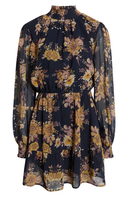 Lost + Wander Water Lily Floral Mock Neck Long Sleeve Dress In Blue