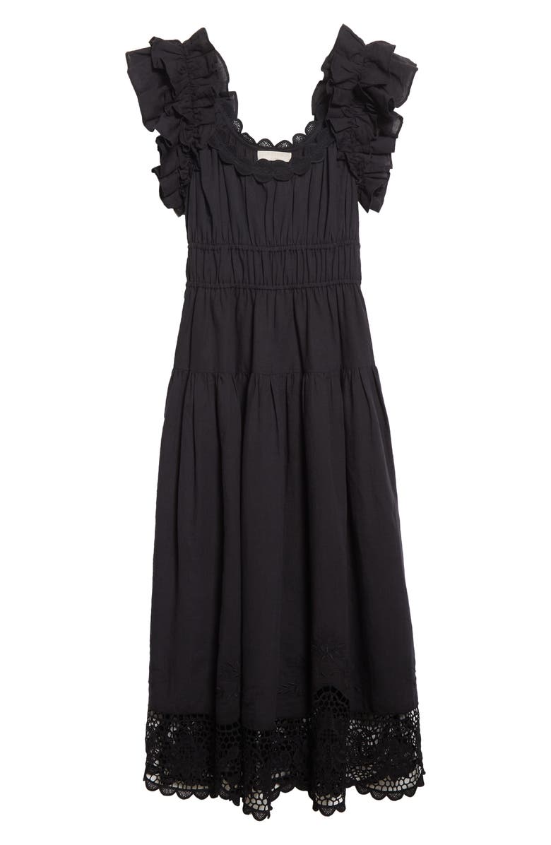 Ulla Johnson Leona Smocked Ruffle Linen Blend Midi Dress, Alternate, color,