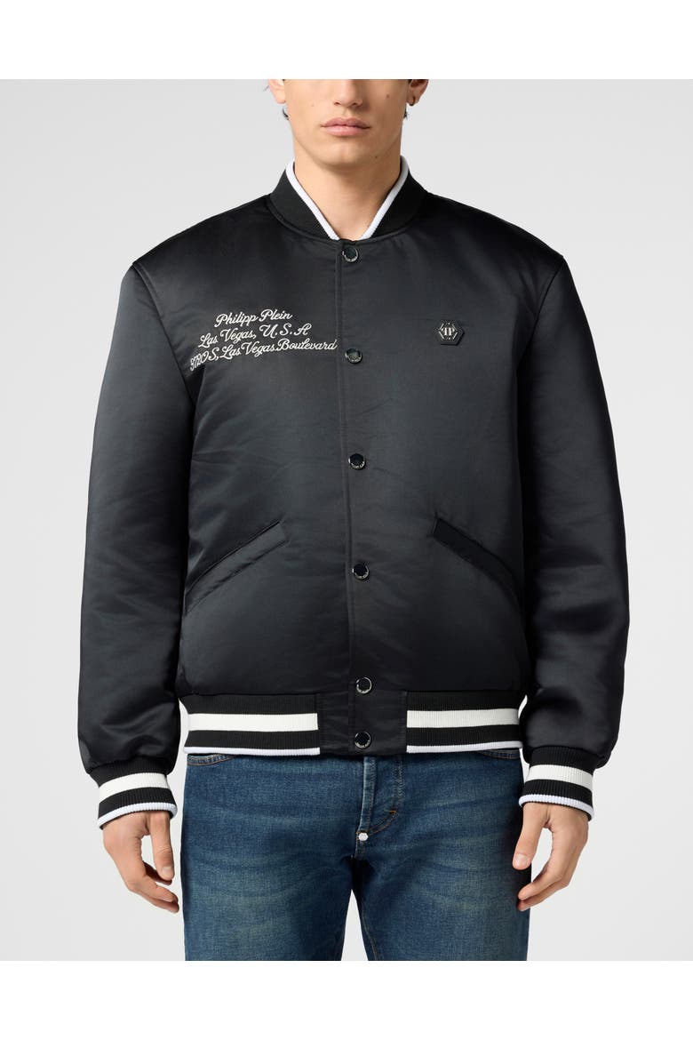 Shiny Satin Varsity Bomber Signature Las Vegas Men, Main, color, black