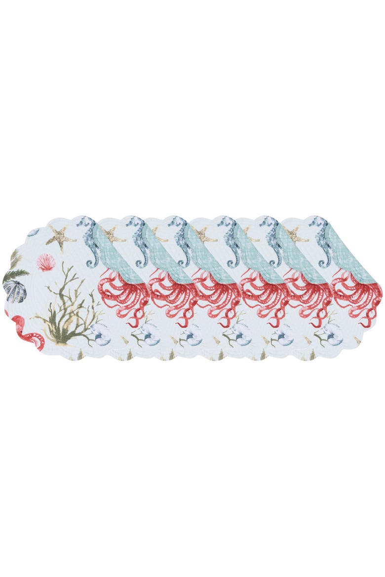 Behari Coastal Sea Life Cotton Quilted Round Reversible Placemats, Set of 6, 17", Alternate, color, Blue