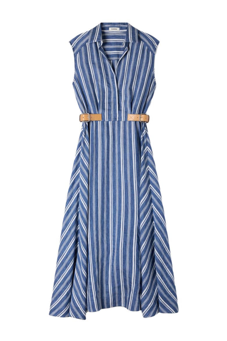 Striped maxi dress with leather tab, Alternate, color, Blu / white